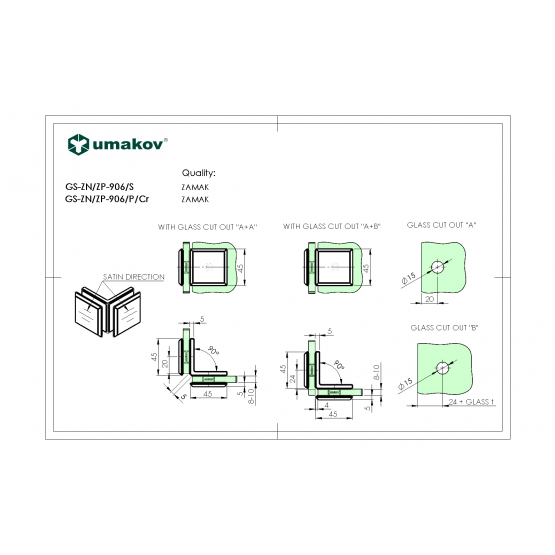 Zasklenie pevne - spojka skla 90° Zamak,T 8-10 mm - detail 1 - detail 1