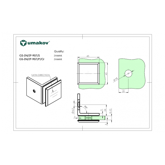 Zasklenie pevne - držiak skla, 90°,Zamak,T 8-10mm - detail 1 - detail 1