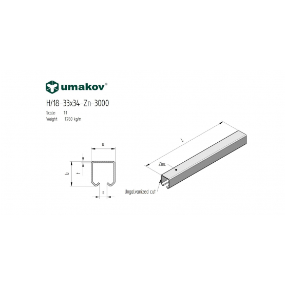 Profil vodiaci závesný Zn, 33x34x2mm, L3m - detail 1 - detail 1
