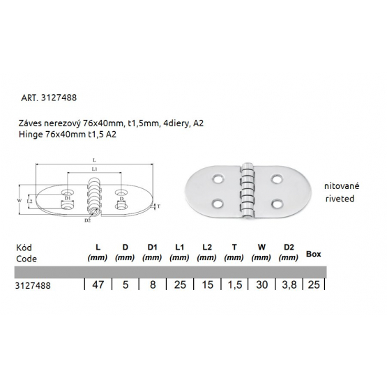 Záves nerezový 76x40mm, t1,5mm, 4diery, A2 - detail 1 - detail 1