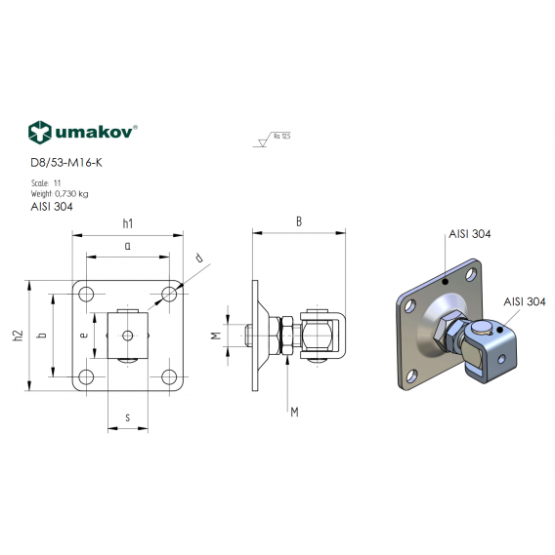 INOX záves nastav. s kotviacou prírubou M16, 80x80 - detail 2 - detail 2