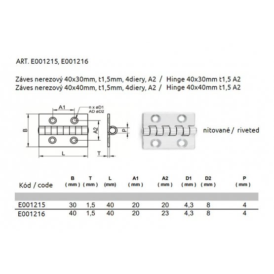 Záves nerezový 40x40mm, t1,5mm, 4diery, A2 - detail 1 - detail 1