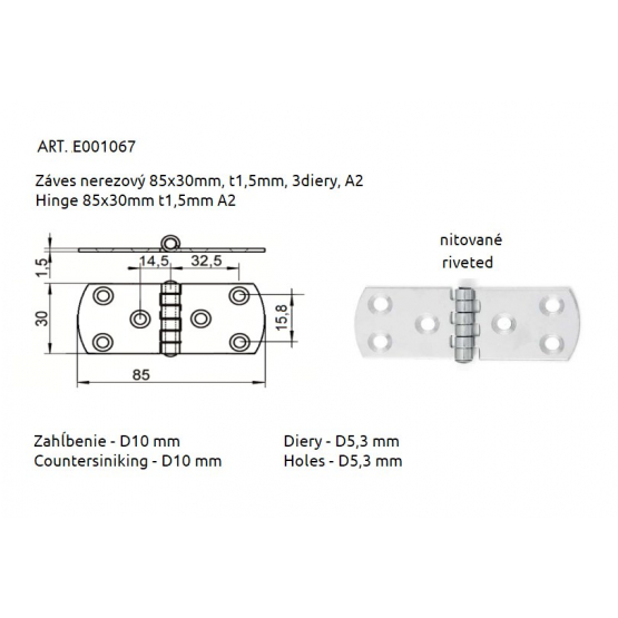 Záves nerezový 85x30mm, t1,5mm, 2x3 diery, A2 - detail 1 - detail 1