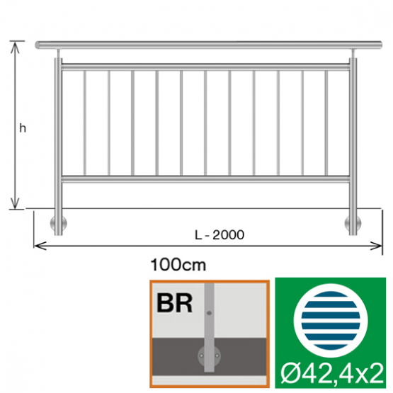 Zábradlie vertikal BR AISI304, D42,4/d12mm/h1000/L - detail 1 - detail 1