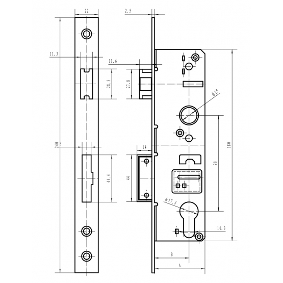 Zámok pre cylin.vložku do JP profilu 40x40mm predná lišta nerez - detail 3 - detail 3