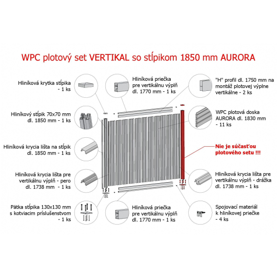 WPC plotový set VERTIKAL so stĺpikom 1850mm AURORA sivá - detail 2 - detail 2