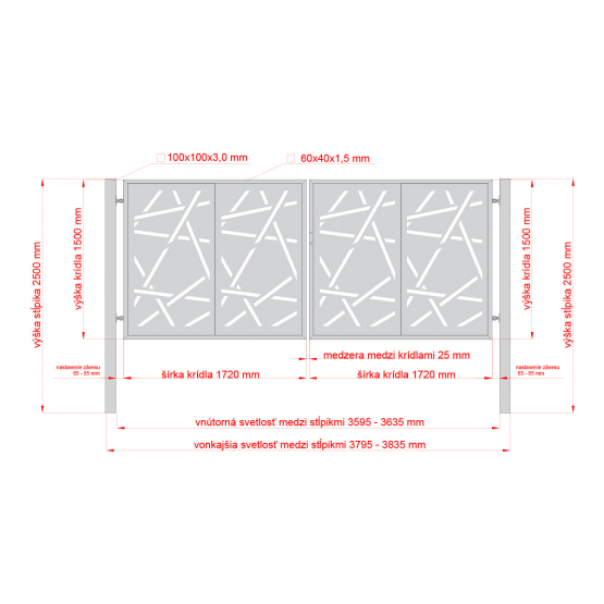 Dizajnová brána HALEN 2kr. 3800x1500mm antracit so stĺpikmi - detail 1