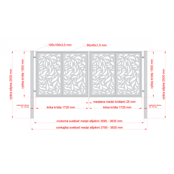 Dizajnová brána FLORA 2kr. 3800x1500mm antracit so stĺpikmi - detail 1