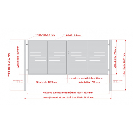 Dizajnová brána LINE 2kr. 3800x1500mm antracit so stĺpikmi - detail 1 - detail 1