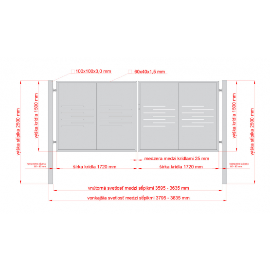 Dizajnová brána LINE 2kr. 3800x1500mm antracit so stĺpikmi - detail 1