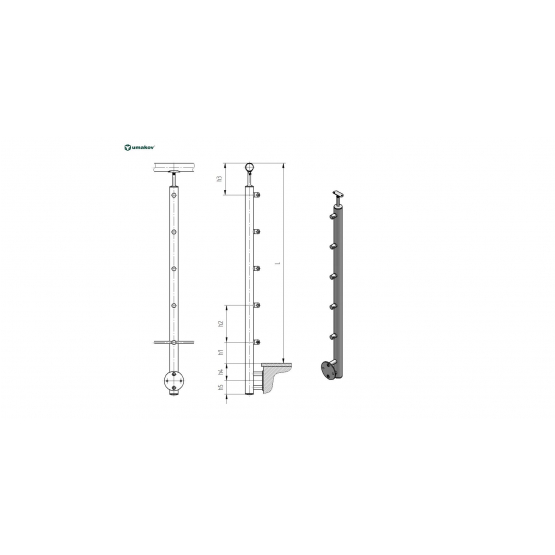 Stĺpik, bočné kotvenie - rovné - lesk AISI304, D42 - detail 3 - detail 3