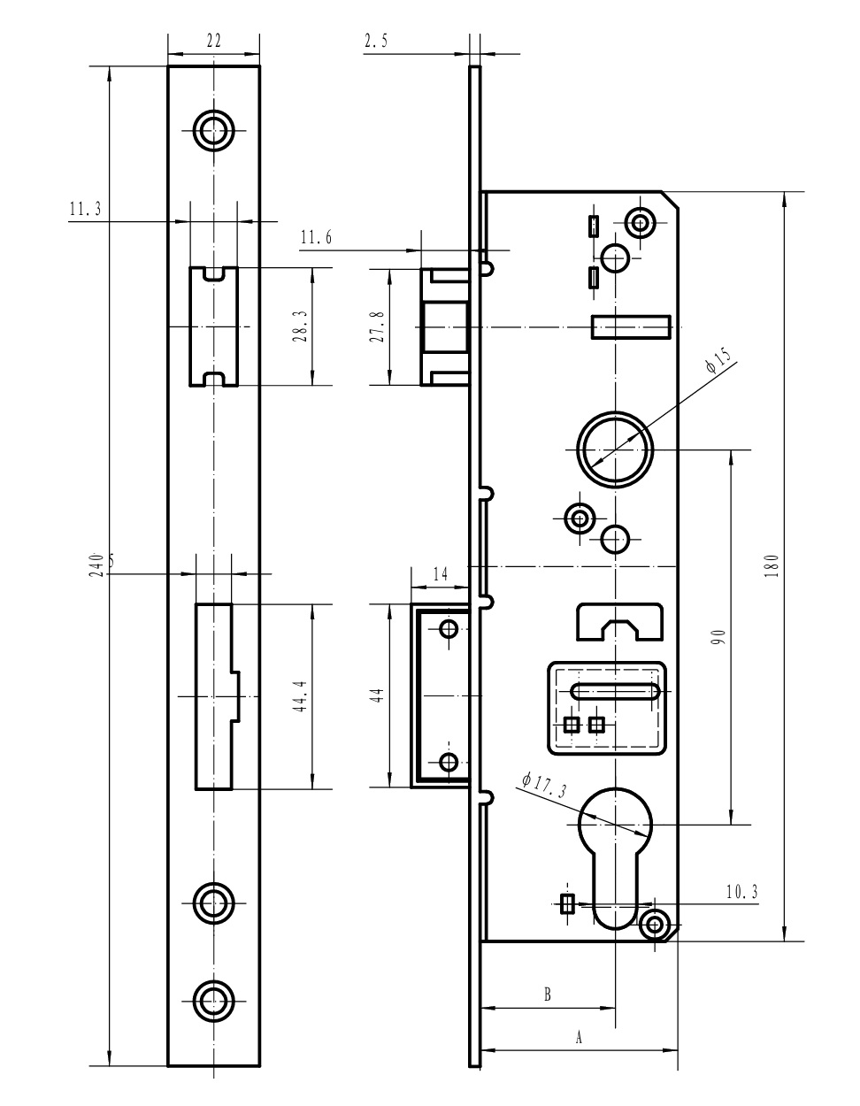 Zámok pre cylin.vložku do JP profilu 40x40mm predná lišta nerez - detail 3